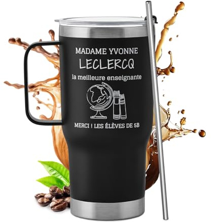 Maverton Mug Isotherme Personnalisé Noir 600 ml en Inox | Avec Paille Brosse de Nettoyage et Boîte, Chaud 6h/Froid 10h, Cadeau Anniversaire Homme Femme Couple, Mariage, Noel