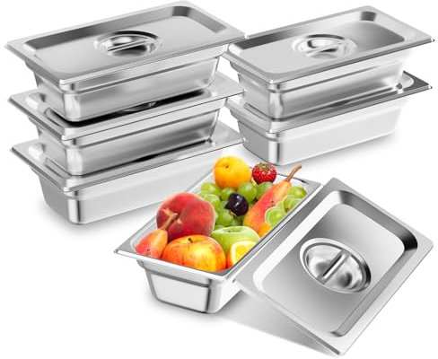 TAIMIKO GN Gastronorm, contenitore in acciaio inox, 100 mm, in acciaio inox, contenitore per alimenti, Bain Marie, Catering, padelle per alimenti, spessore 1 mm (1/3, 6 pezzi, con coperchio), 6 pezzi