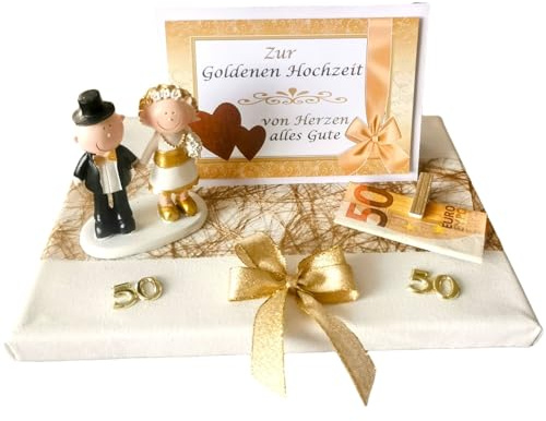 Geld Geschenk zur goldenen Hochzeit mit Goldpaar und Glückwunschkarte
