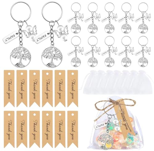 Aotoer Set di 50 ciondoli a forma di angelo con albero della vita, per riunioni di famiglia, con etichette di ringraziamento, spago di iuta e sacchetti di organza, regali per riunioni di famiglia per