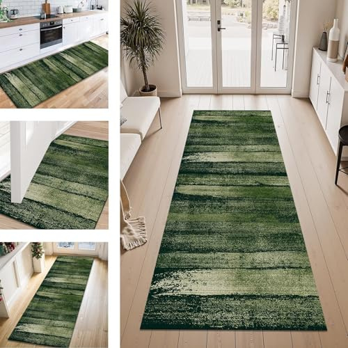 Teppich Läufer Flur Küche rutschfest Dunkelgrün 50X230CM Vintage Teppichläufer Kücheläufer Lang Waschbar Meterware Küchenteppich Flurteppich Läufer für Wohnraum Schlafzimmer Kinderzimmer Flurläufer