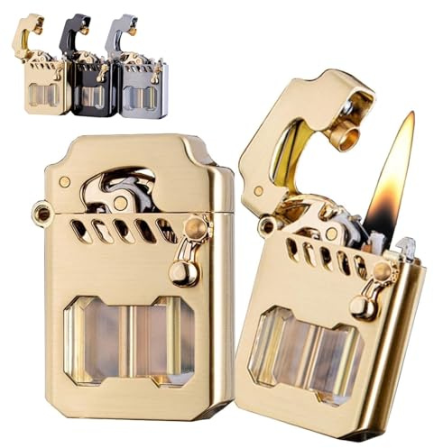 Mecha Metal Rocker Feuerzeug, Retro Metall Transparent Benzinfeuerzeug, Rocker Kerosin Winddichtes Feuerzeug, Nachfüllbar Winddicht für Outdoor Reisen, Camping (Gold)