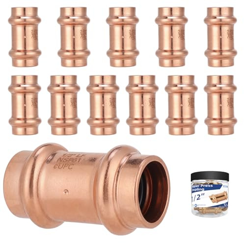 (12 Pack YVSKM) 1/2 Press Coupling with Stop, Lead-Free Fittings for 1/2 Inch Copper Pipe, Durable No-Solder Connection for Water, Heating, and Cooling Systems, Corrosion-Resistant Pipe Connector
