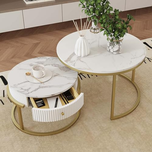 Amveya Couchtisch mit Stauraum, Couchtisch rund 2er Set, Wohnzimmertisch Modern, Coffee Table in Marmor Optik
