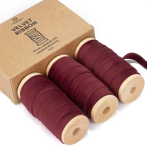 Vitalizart Cinta Terciopelo Burdeos 0,9cm x 13,7m Nav | Cinta Tela Una Cara, 3 Rollos x 4,57 m para Manualidades, Adornos, Envoltura Regalos, Lazos y Decoración Coronas Navideñas