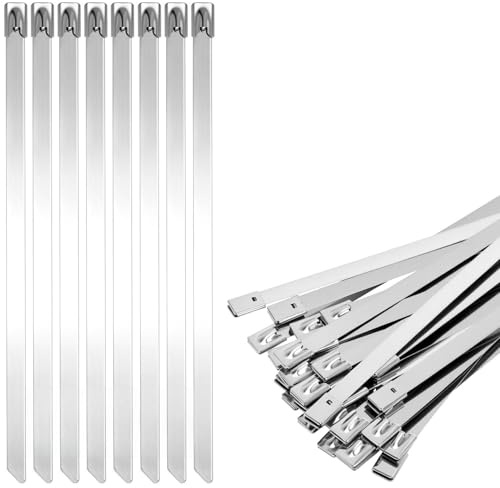 QWORK 30 st självlåsande klämmor 200 x 7,9 mm i 304 rostfritt stål, robust metallbuntband för fastsättning