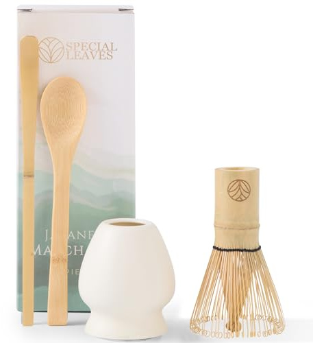 Special Leaves Matcha Set - Weiß - 4-teiliges Matcha Tee Set - Matcha Besen, Besenhalter, Matcha Löffel, Scoop - Premium Matcha Kit für Matcha-Liebhaber