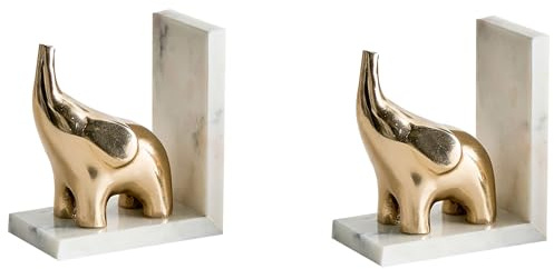 Elefanten Buchstützen 2er Set Marmor weiß Metall Gold 15 cm hoch stabil Kotezi