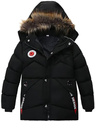 WIEAYUMEI Boys Kids Ski Jacket for Winter Coat Boy's Costd Girl's Fleece Hooded Jackets with Detachable Hood Black 7-8 Years