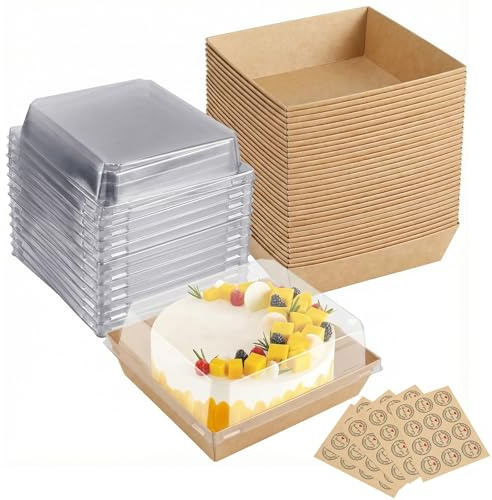 Joyseedi 50pcs Paper Cake Slice Boxes with Clear Lids, 12cm Oil-Proof Charcuterie Dessert Square Food Containers, Cupcake Takeaway Boxes for Bakery Macaron Sandwich Cookies (Brown)