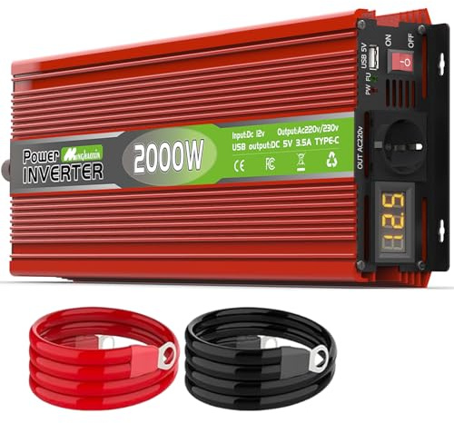 2000W Wechselrichter 12V auf 230V Spannungswandler Konverter Power Inverter Spitzenleistung 4000W mit EU Steckdosen, USB/Type-C und LED Anzeige, Umwandler für LKW Camping Haushaltsgeräten