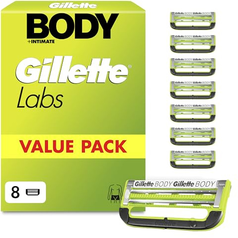 Gillette Labs Body & Intimate Rasierklingen, 8 Original Ersatzklinge, Grün | für Intimrasierer Mann, 2 Klingen für Schutz Gegen Eingewachsene Haare Und Irritationen, Langanhaltender Gleitstreifen