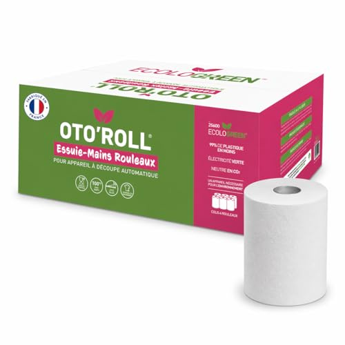 6 Rouleaux-Bobines Essuie-Mains, 140 Mètres, 2 Plis, Découpe Automatique, Blanc, 100% Ouate de Cellulose, compatible distributeur auto-cut