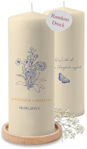 Kerze - Hochzeit - Filigrane Blumen mit Name, Datum und Spruch - personalisiertes Hochzeitsgeschenk - 230/78 mm - Elfenbein