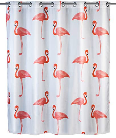 WENKO Anti-Schimmel Duschvorhang Flamingo Flex, Textil-Vorhang mit Antischimmel Effekt, große integrierte Ringe zur Befestigung an der Duschstange, waschbar,wasserabweisend, 180 x 200 cm