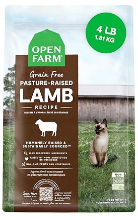 Open Farm, Grain Free Dry Cat Food, High-Protein Kibble for a Complete & Balanced Diet, Non-GMO Fruits & Vegetables, Prebiotic Fibers to Support Digestion, Pasture-Raised Lamb Recipe, 4lb Bag
