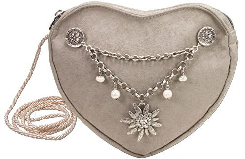 Alpenflüstern Herztasche Charivari Strass-Edelweiss - Damen Trachtentasche in Herzform, Schultertasche fürs Dirndl, Herz Handtasche zur Tracht, Dirndltasche (taupe-grau) DTA064