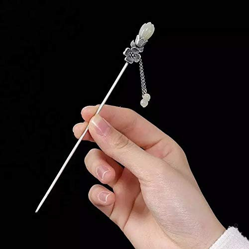 THTHT 925 Sterling Silber Haarnadel Hair Stick Retro Chinesisch Magnolia Jade Flower Quaste Klassischen Weiblichen Temperament Braut Haarschmuck Deko Feste
