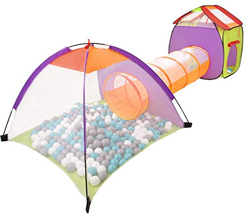 SELONIS 3In1 Spielzelt Mit Tunnel Spielplatz Popup Bällebad Mit 200 Bälle Für Kinder, Mehrfarbig:Grau/Weiß/Türkis