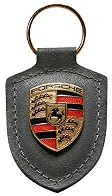 Porsche Wappen Schlüsselanhänger Leder grau 911 Boxster Cayman Cayenne 718
