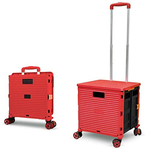 Carrello Della Spesa Pieghevole, Carrello Multiuso Portatile Multifunzionale di Grande Capacità da 54L/45KG con Manico Telescopico e 4 Ruote Girevoli Smontabili per lo Shopping da Viaggio, Rosso