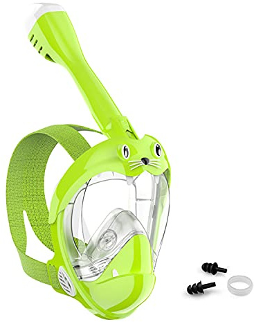 Jwintee Maschera Subacquea per Bambini, Comoda, Impermeabile, Antiappannamento, Vista Panoramica a 180°, Supporto per Fotocamera Smontabile a Piacimento; Aspetto Molto Bello-Verde Fluorescente- XS