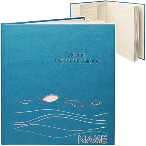 Kommunionsalbum/Eintragalbum & Erinnerungsalbum/Fotoalbum Meine Kommunion inkl. Name - Ichthys - blau beige - Buch Gebunden - Tagebuch Eintragbuch - 4..