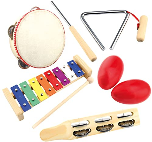 Bino world of toys Musik-Set für Kinder, Spielzeug Musikinstrumente (Kinderspielzeug Instrumente aus Holz, 5tlg Holzspielzeug, Musikspielzeug geeignet für Kleinkinder ab 3 Jahren), Bunt