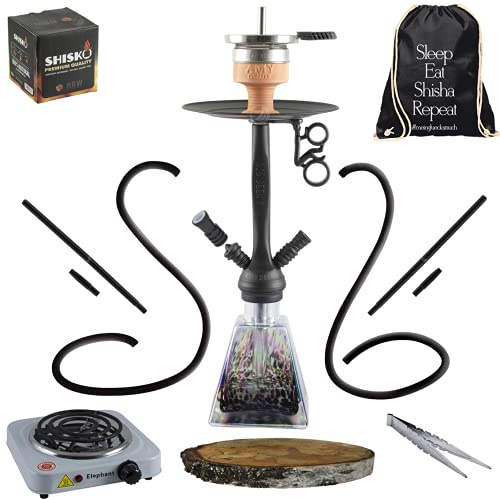 Gluecksrauch Amy Deluxe Shisha Set komplett 2 Anschlüsse 2 Schläuche Wasserpfeife schwarz I Need You (Black Powder) - 50cm Kohle Anzünder Kamin Tabakkopf Birkenholz Tasche