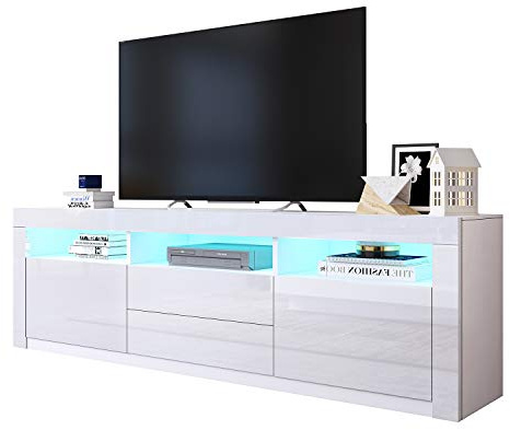 BESTWANTED TV Sideboard Wohnzimmer, Modernes Hochglanz Lowboard Weiß mit 2 Türen & 2 Schubladen, TV Schrank mit Offenen Regalen für Schlafzimmer & Wohnmöbel, 160x35x60 cm