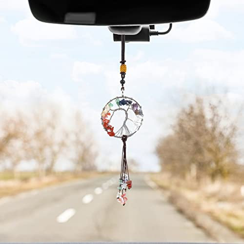Cobee Ornement à suspendre Arbre de vie pour rétroviseur de voiture, pendentif en pierre de cristal de guérison avec 7 chakras, accessoires d'intérieur de voiture (B)