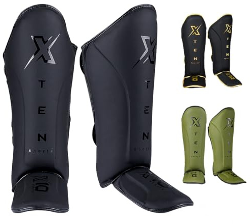 XTEN Shin Guards for Kickboxing, Muay Thai, MMA and Training Pads, Maya Hide Leather Instep Foam Protection, Leg Foot Protector for Martial Arts, Sparring, BJJ and Boxing Gear