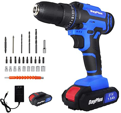 Taladros de Bateria, Taladro Atornillador Batería 21V, Taladro Inalámbrico con 1.5Ah Baterías, Atornillador Electrico 42Nm, 25+1 Ajustes Par, 26 Accesorios, 2 Velocidad, Perforar Cemento/Metal/Madera