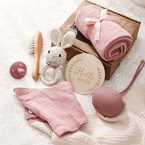 Youuys 7-Teilig Baby Geschenk zur Geburt für Neugeborene, Baby Geschenk Mädchen Junge, Badetücher, Rassel, Schnuller, Meilensteinkarten, Lätzchen, Bürste, Geschenkverpackung, Babyparty (Rosa)