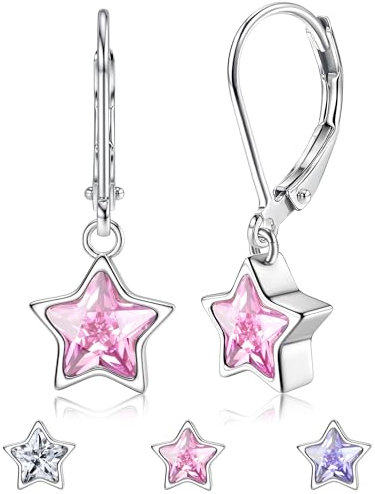 JeweBella Ohrringe Silber 925 Hängend für Damen Mädchen - Stern Ohrhänger mit Zirkonia in Rosa und Weiß - Hypoallergene - 2 Stück