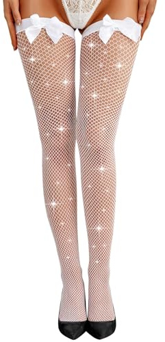 RSLOVE Hold up Stockings for Women Fishnet Tights Suspenders with Bow White
