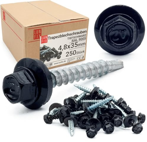250x Vis autoforeuse metal 4,8x35 mm, RAL 9005 noir profond, vis bac acier | vis autoperforante avec rondelles metal, vis à bois, tirefond, Lun Fix
