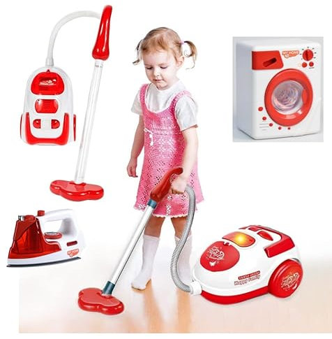 KRUZZEL Mini-Haushaltsspielzeug Reinigungsset für Kinder Waschmaschine Staubsauger Bügeleisen 22570
