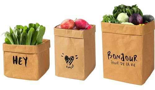 Set di 3 sacchetti di carta Kraft marrone per frigorifero, impermeabile, riutilizzabile, sacchetto di carta Kraft per alimenti pane, panino, frutta, verdura, spuntino, pranzo, cucina, caffè, campeggio