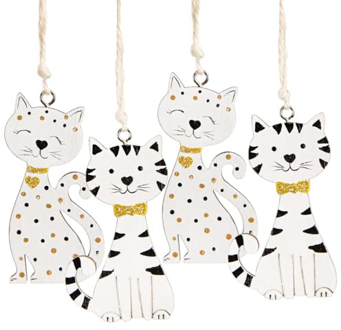 Logbuch-Verlag 4 Katzen Deko mit Schnur zum Aufhängen Weihnachten Ostern Geburtstag Geschenkanhänger 7,5 cm weiß Gold