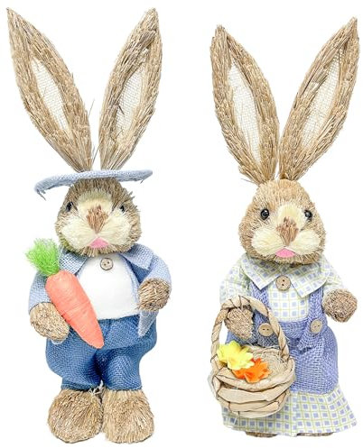 Bseical 2 Pezzi Statua di Coniglio in Erba di Pasqua,Statuette di Coniglio di Paglia Decorazioni di Pasqua,Bunny Figurine Paglia Coniglio di Pasqua Decorazioni da Tavolo,per Pasqua Festa Casa Ufficio