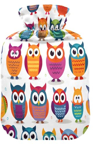 Wärmflasche mit buntem Eulen-Motiv, weich, warm, für Winter, Bett, Hand, Hals und Schultern, 1 l