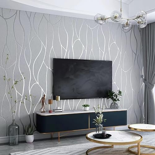 Baketron 3D Embossed Wallpaper Silver Grey Non-Woven Geometric Stripes Roll 3D Silver Glitter Textured Wallpaper Feature Stripe Modern for Livingroom Bedroom Kitchen Hallway Bedroom