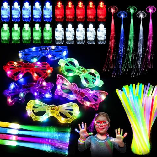 85 Natale LED Festa Giocattoli per Bambini, 50 Braccialetti Luminosi Fluorescenti, 6 LED Occhiali Luminosi, 20 Luci da Dito LED, 4 Bacchetta In Fibra Ottica A Led, 5 Luci per Capelli a Fibre Ottiche