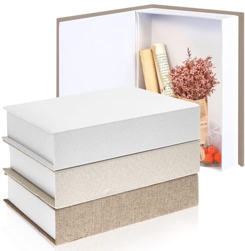 3 Pack Linen Book Storage Boxes, Decorative Fake Books with Magnetic Lid