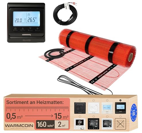 Warmcoin Elektrische Fußbodenheizung Komplettset 160 W/m² – Selbstklebende Heizmatte für Fliesen, Laminat, Vinyl & Parkett [0,5 x 4 m = 2 m²] – Inkl. programmierbarem LCD-Thermostat W51