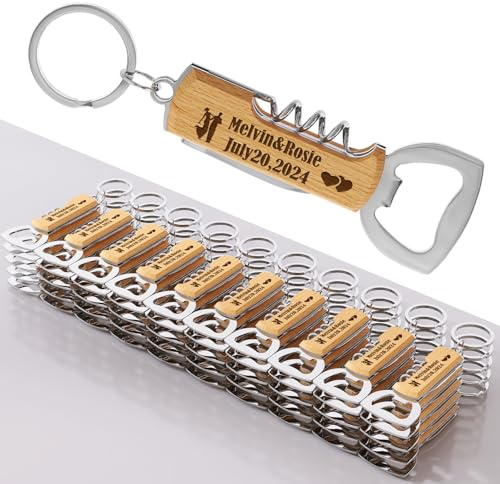 50 Stück Personalisierte multifunktionale hölzerne Flaschenöffner für Hochzeitsparty, Hochzeitsgeschenke für Gäste, gravierte Flaschenöffner Schlüsselanhänger.