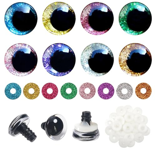 TOAOB 48 Stück Sicherheitsaugen für Häkeltiere 20 mm Glitzer Bunt | 8 Farben Kunststoff Augen, Sicherheitsaugen mit Unterlegscheiben für DIY Basteln, Marionette Puppenherstellung Tieraugen