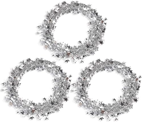 3 Stück Glitzer Lametta, Kleine Sterne Girlande Deko, Draht mit Sternen Deko, Baum Girlande, Party Dekoration, 7,5m (Silber)