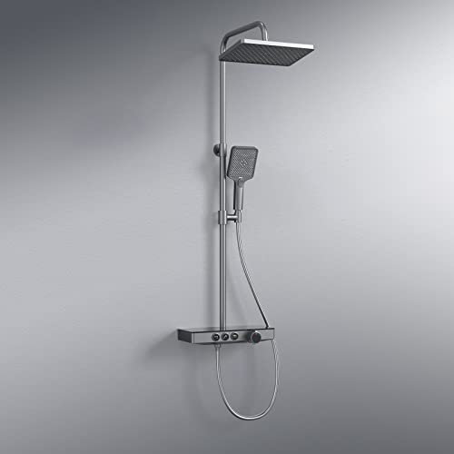 EMKE Colonne de douche thermostatique, 1127 x 460 x 360 mm, douche de pluie, douche à main 3 fonctions, hauteur réglable 797-1127 mm, anthracite mat, corps en cuivre et panneau de verre, design
